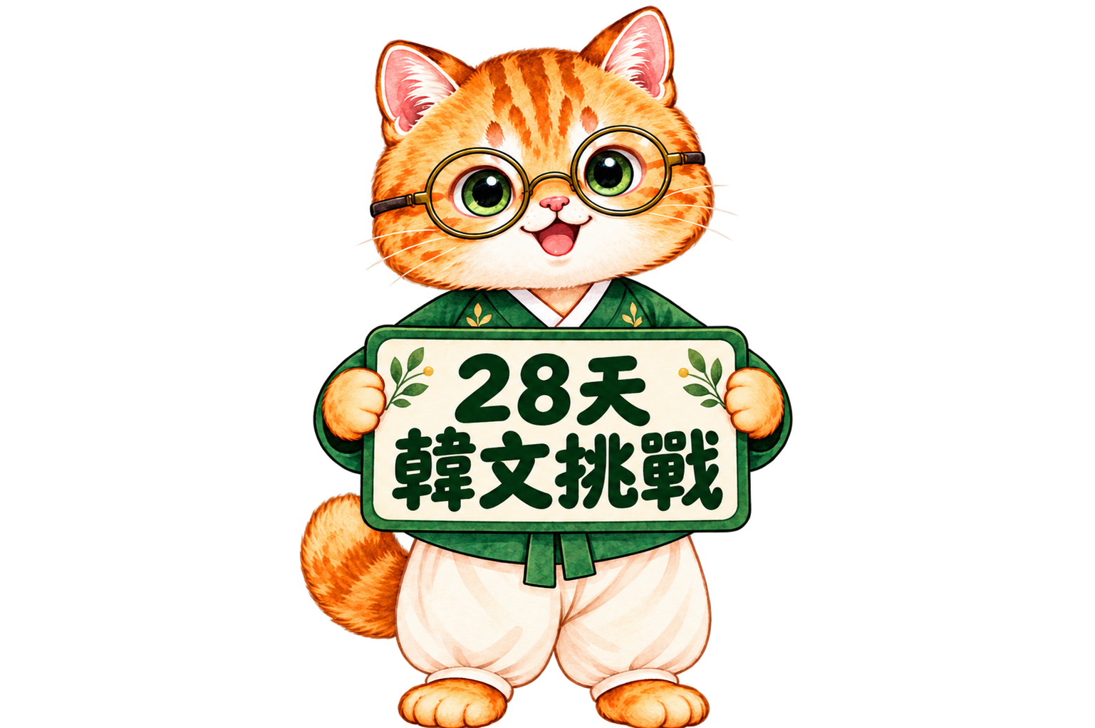 戴圓框眼鏡的橘貓老師,舉著28天韓文挑戰的牌子