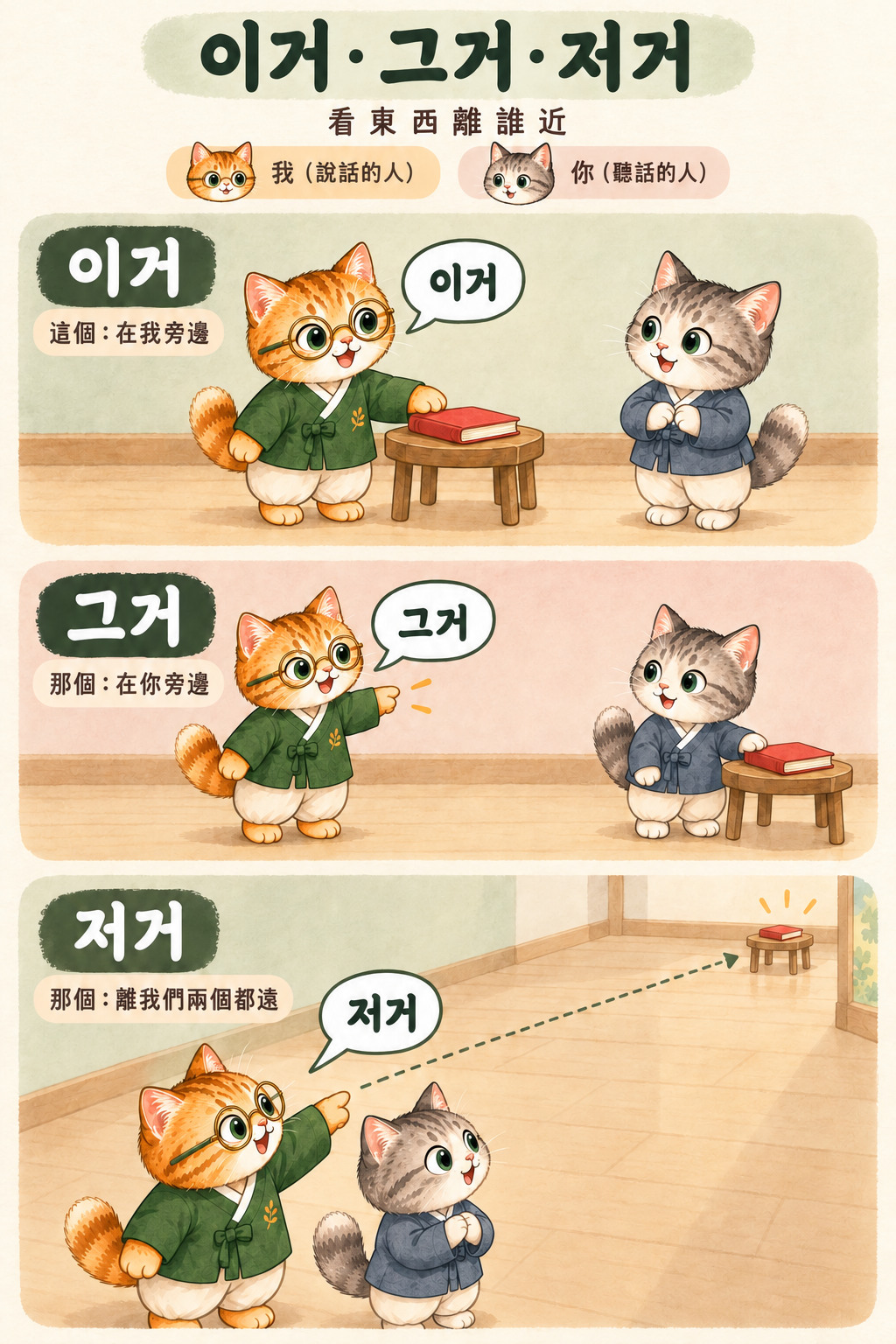 橘貓是說話的人,灰貓是聽話的人。이거:書在橘貓旁邊;그거:書在灰貓旁邊;저거:書離兩隻貓都遠,但看得到。