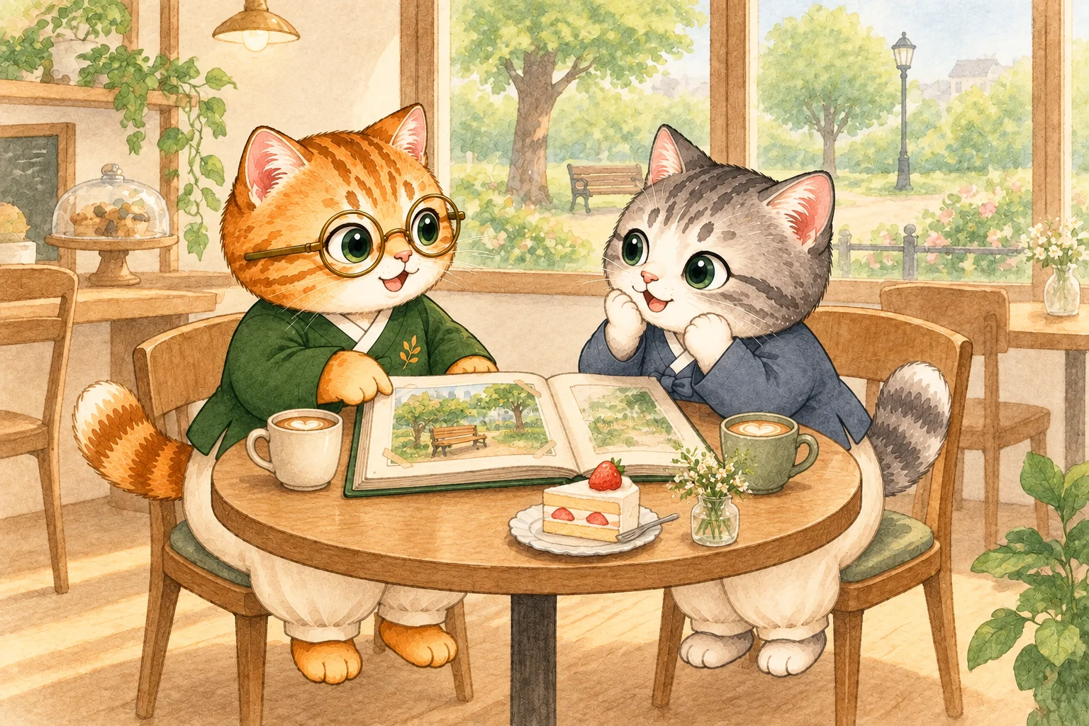 在咖啡廳分享昨天的照片;一日韓語吉祥物的情境插畫。