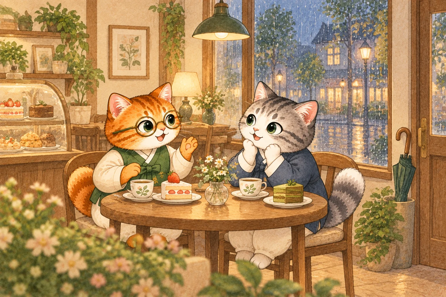 下雨的傍晚,朋友在咖啡廳喝茶並聊改變的安排;一日韓語吉祥物的情境插畫。