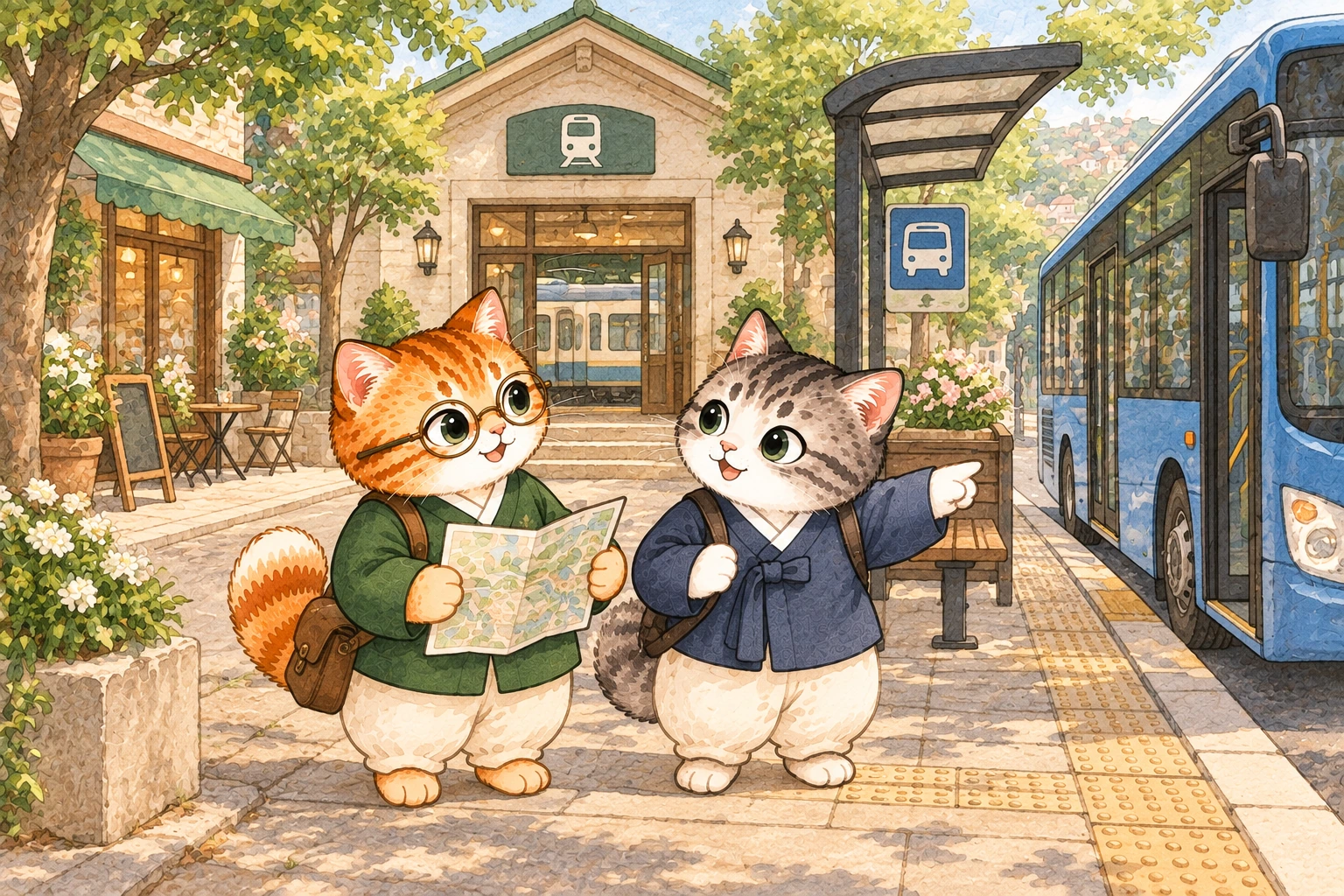 朋友在車站外確認公車和地鐵路線；一日韓語吉祥物的情境插畫。